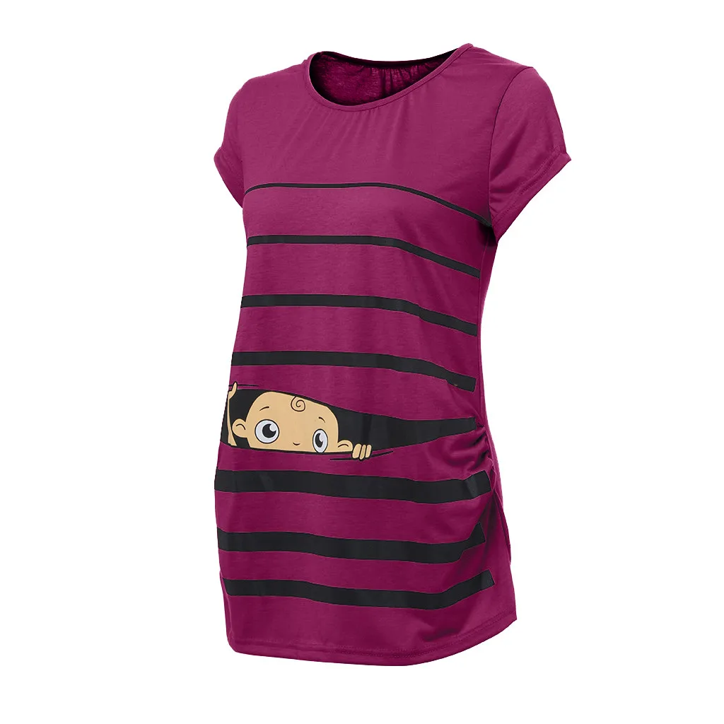 Платье для беременных премиум-класса; мягкая эластичная Футболка для беременных; Милая футболка в полоску с короткими рукавами и забавным принтом для малышей; топы для беременных; MAR11