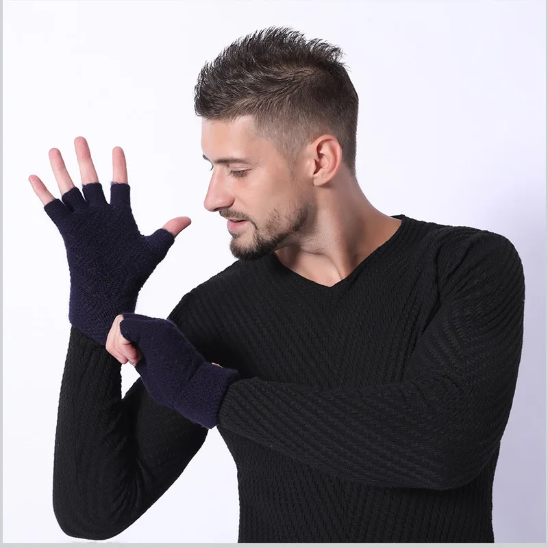 Модные зимние акриловые шерстяные плюс плюшевые толстые жаккардовые вязаные теплые рукавицы на пол пальца мужские перчатки с сенсорным экраном C2