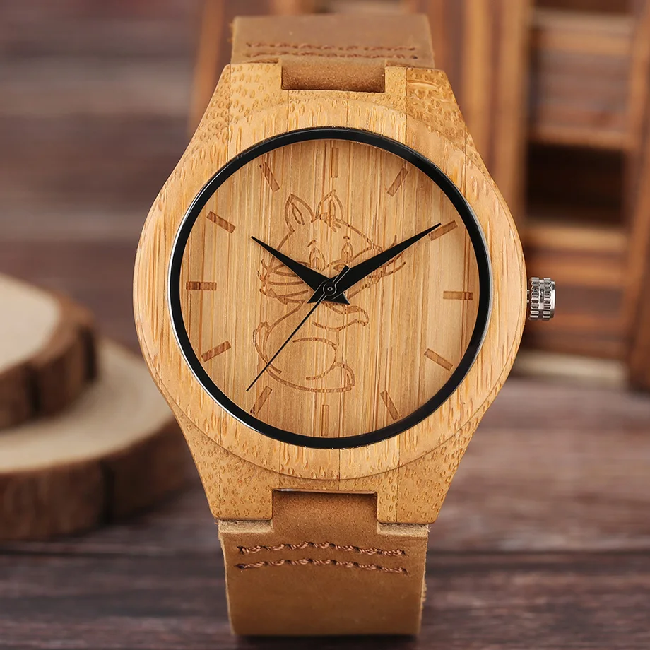 High Quality Men Wood Watch Natural Bamboo Wooden Handamde Lighweight Quartz Wristwatch CatDog Pattern Cute Animal Clock (20)