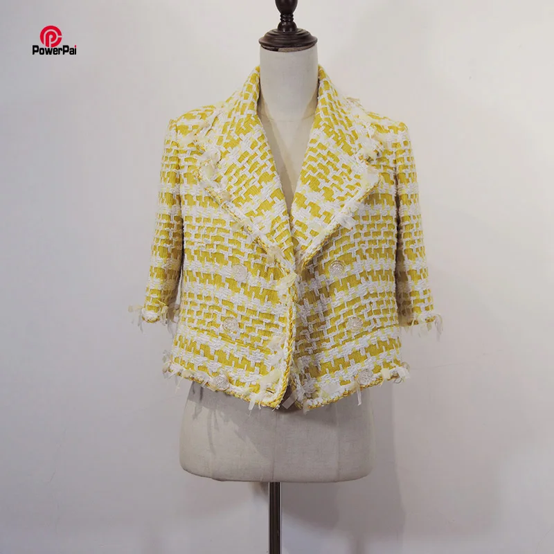 Graceful Brilliant Yellow White Tweed Jacket Half Sleeve Double ...