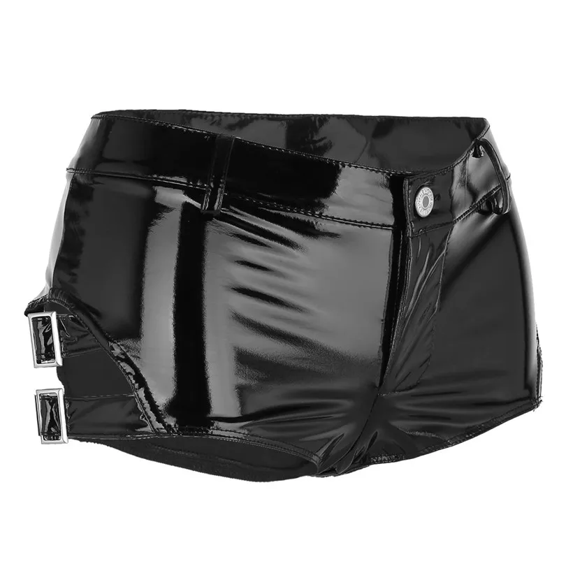 iEFiEL Fashion Women Shorts Wet Look Patent Leather Low Rise Clubwear Mini Shorts Hot Shorts with Buckles Nightwear Clothes women's fashion