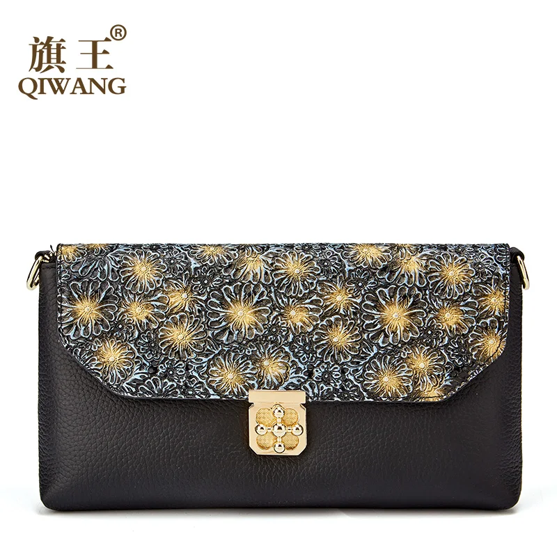 

QIWANG Real Leather Fashion Women Bags Designer Flower Soft Real Leather Shoulder Bag For Women Clutch Handbags with 2 straps