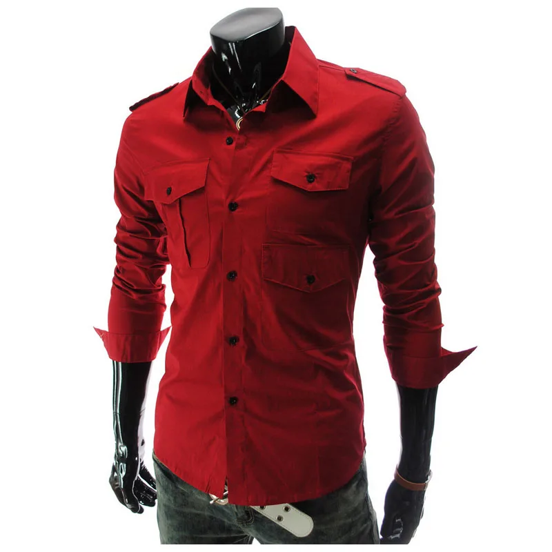 

High quality 2019 Fashion Spring Autumn multi pocket Casual business Shoulder strap Slim Fit pocket evening shirts men clothing