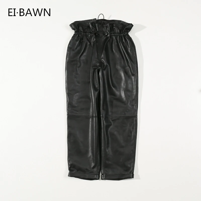 

Women Pants Genuine Sheepskin Elastic Waist Black 2019 Winter New Fashion Real Leather High Waist Real Leather Ladies Long Pants