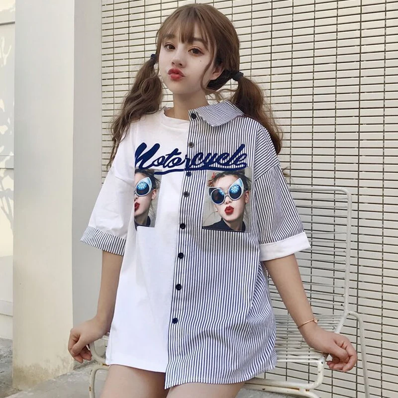 

new fashion brand summer style Women's Clothing loose Female character print tops Korean version Tees striped patchwork T-Shirts