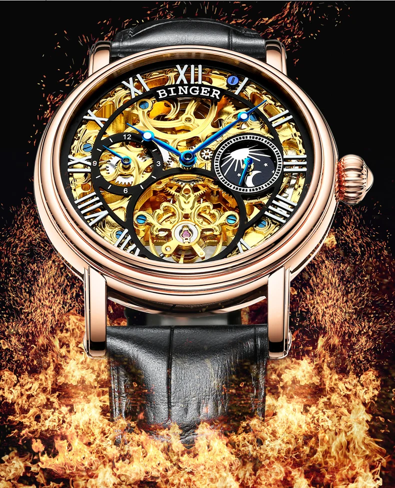 Мужские автоматические часы с большим циферблатом, люксовый бренд, Бингер, механические часы для мужчин, турбийон, кожаный ремешок, фаза Луны, сапфир, водонепроницаемые