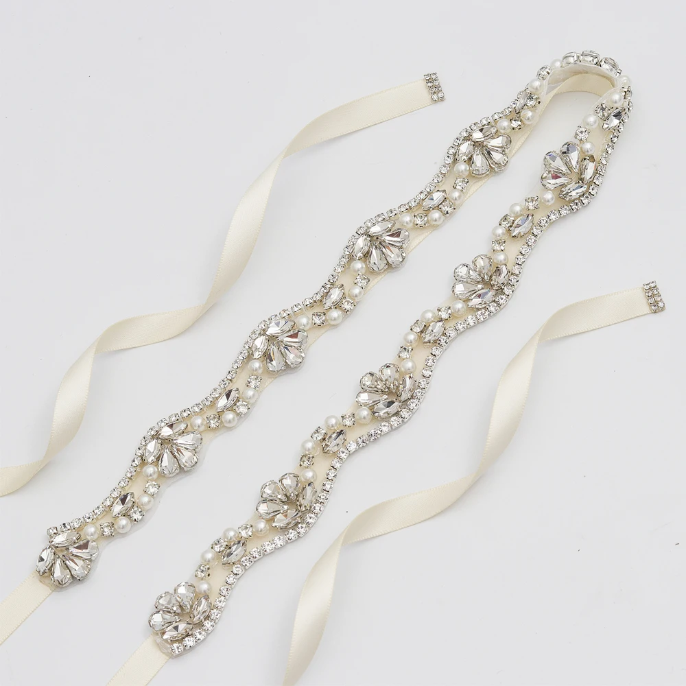 

Yanstar Rhinestones Wedding Belt Silver Crystal Bridal Belt Handmade Pearls Belt For Woman Party Dress 35WB810