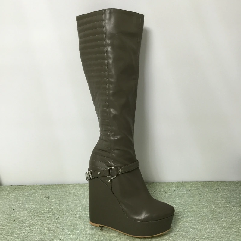 Grey Wedge High Heel Boots Women Knee 