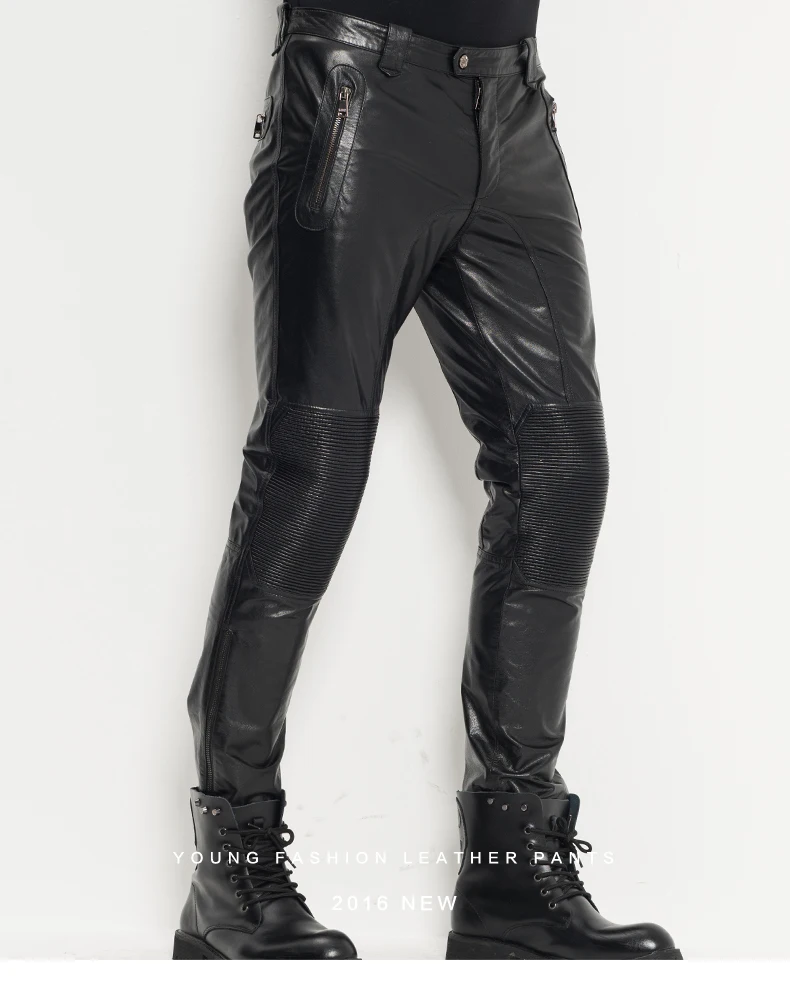 Мужские кожаные брюки мото& Байкер Панк Рок брюки для ночного клуба тонкие кожаные брюки из овчины WZS005