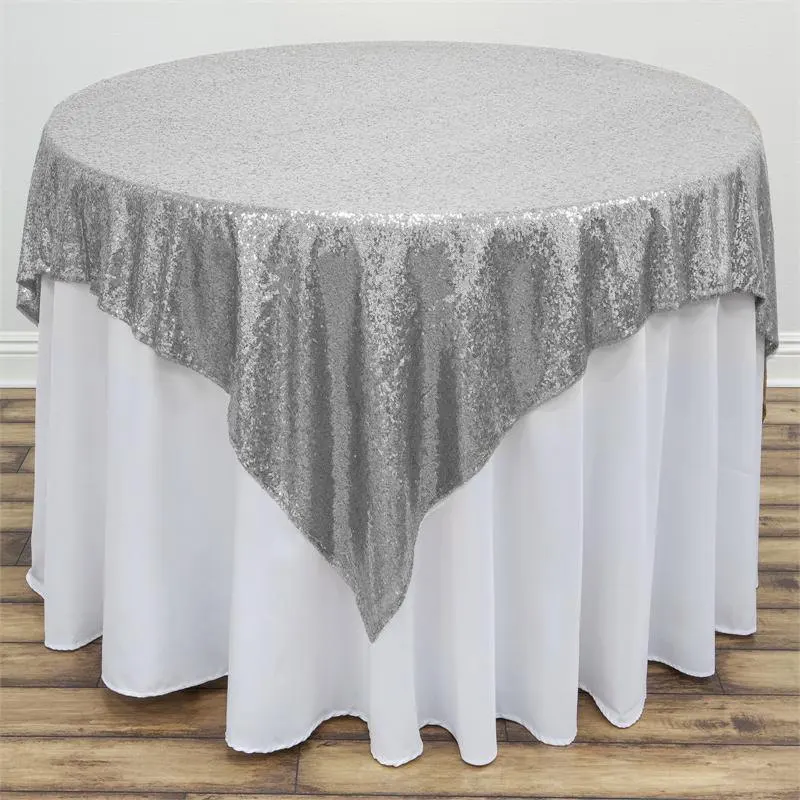 

Free Shipping 90inch High Quality Square Sliver Shiny Glitter Sequin Table Overlay For Wedding Events Party Banqute Decoration