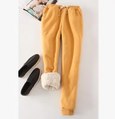 Осенне-зимние женские длинные брюки, теплые плотные бархатные штаны-шаровары, женские штаны с эластичной резинкой на талии, флисовые хлопковые повседневные штаны AB658 - Цвет: Цвет: желтый