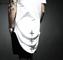 Tyga cool oversized side zipper T shirt Tee men hip hop Extended Zipper Tartan Cross topXL shirt