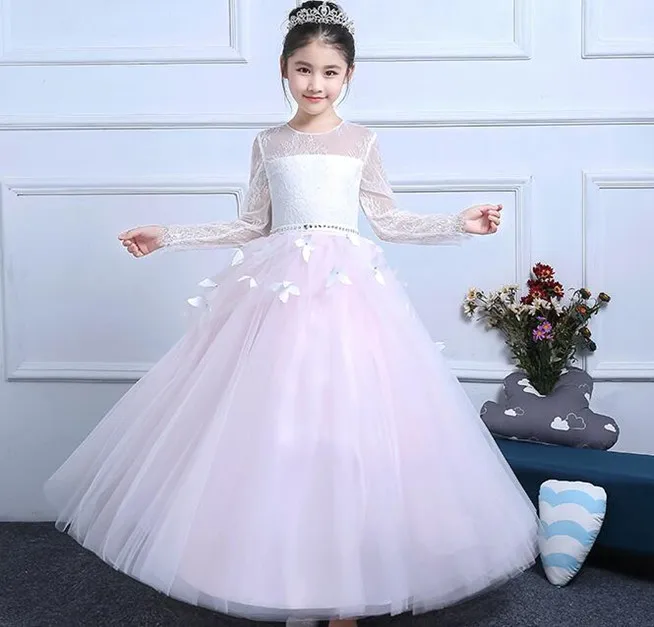 

Actual Image Holy Communion Dresses Long Sleeves Lace Back Button Solid O-neck Flower Girl Dresses Vestido De Daminha