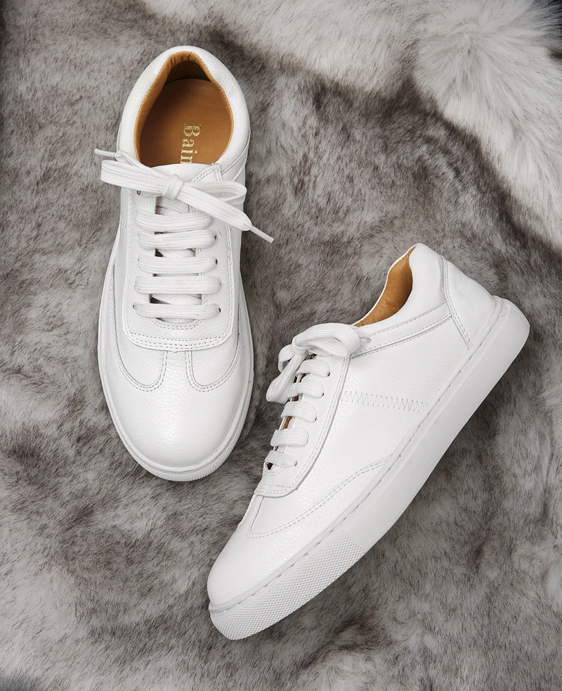 Baimier Genuine Leather White Women Sneakers Spring Street Style Lace up Running Shoes Casual Comfortable Women Flat Shoes