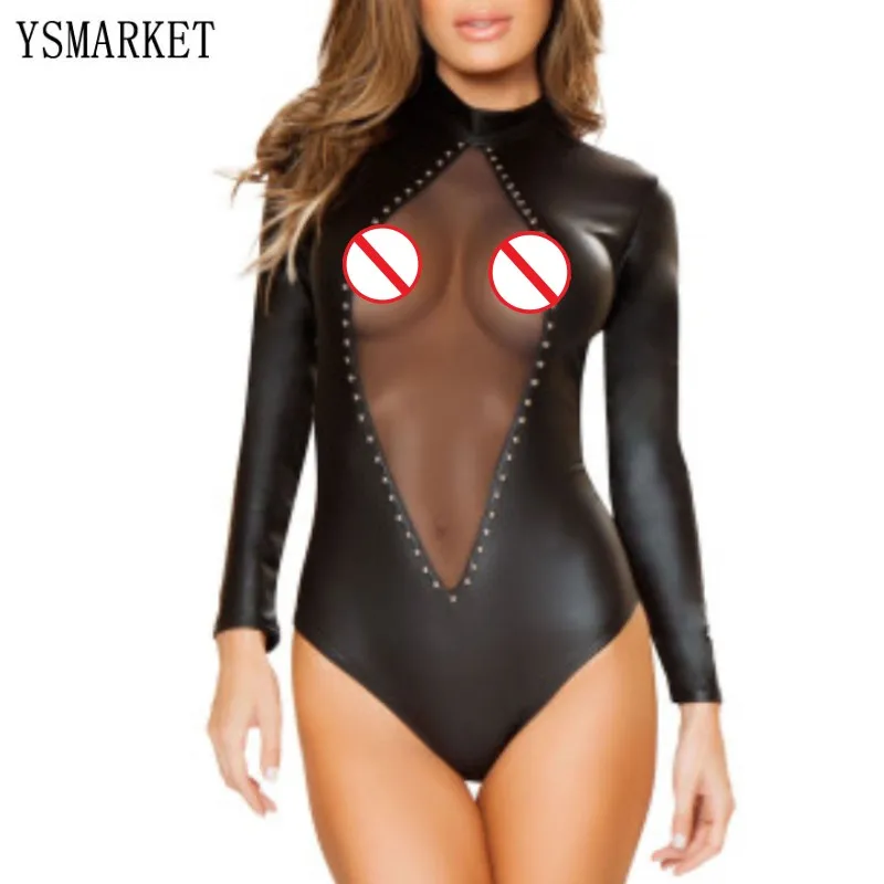

Solid Black Bodysuit Women Long Sleeve Thong Sexy Clubwear Artificial Leather Siamese Hollow Underwear Bodysuits Ladies EX6640