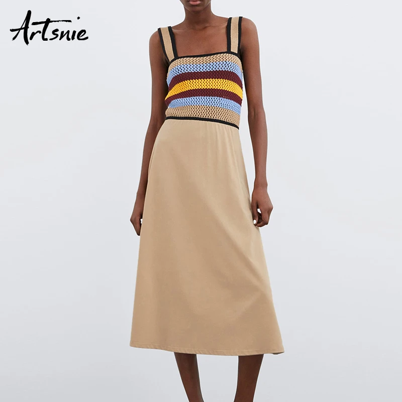 

Artsnie high waist casual striped maxi long dress women high waist strapless sleeveless knitted A line dresses vestidos