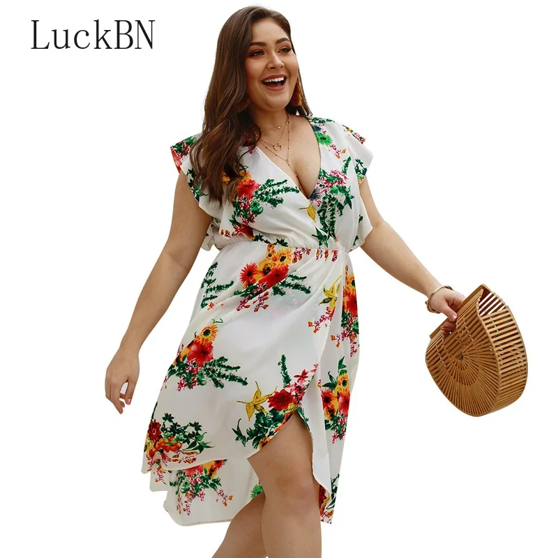 

New Fashion Bohemian Style Women's Casual Summer 2019 Sleeveless V-neck Waist Bodycon Red Party Print Short Large Size Dresses