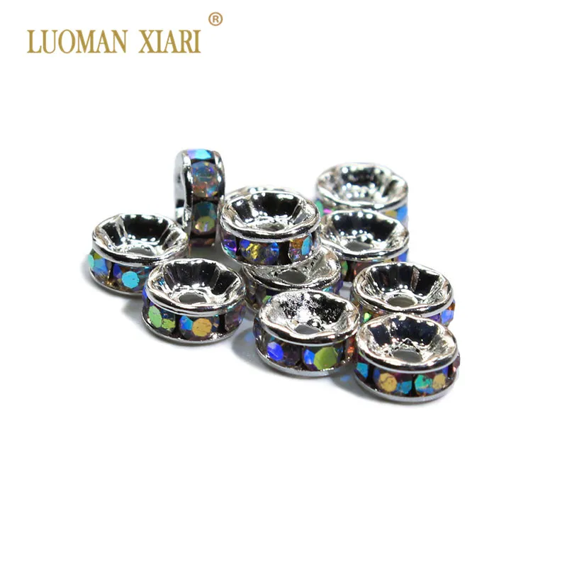

Wholesale 100 Pcs 6 mm Copper Top Quality Rondelles Spacers Beads AB Silver Plated Rhinestone DIY Beads For Jewelry Making