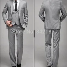 Изготовленный на заказ один кнопка тонкий подходит светло-серый смокинг жениха с Боковым Разрезом мужские свадебные/обеденные костюмы(пиджак+ брюки+ галстук+ жилет