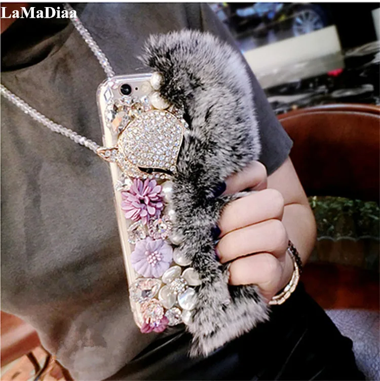 

LaMaDiaa Case For SamsungS6 S7 S8 S9 S10 Plus Note 5 8 9 10 Cute Soft Fluffy Rabbit Fur Hair Bling Diamond TPU Protective Phone
