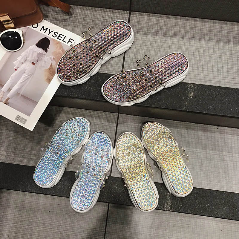 

2019 Luxury Women Slippers Transparent pvc pearl laser Platform shoes Women Slides 4.5cm Heel Fashion Outside Female Flat shoes
