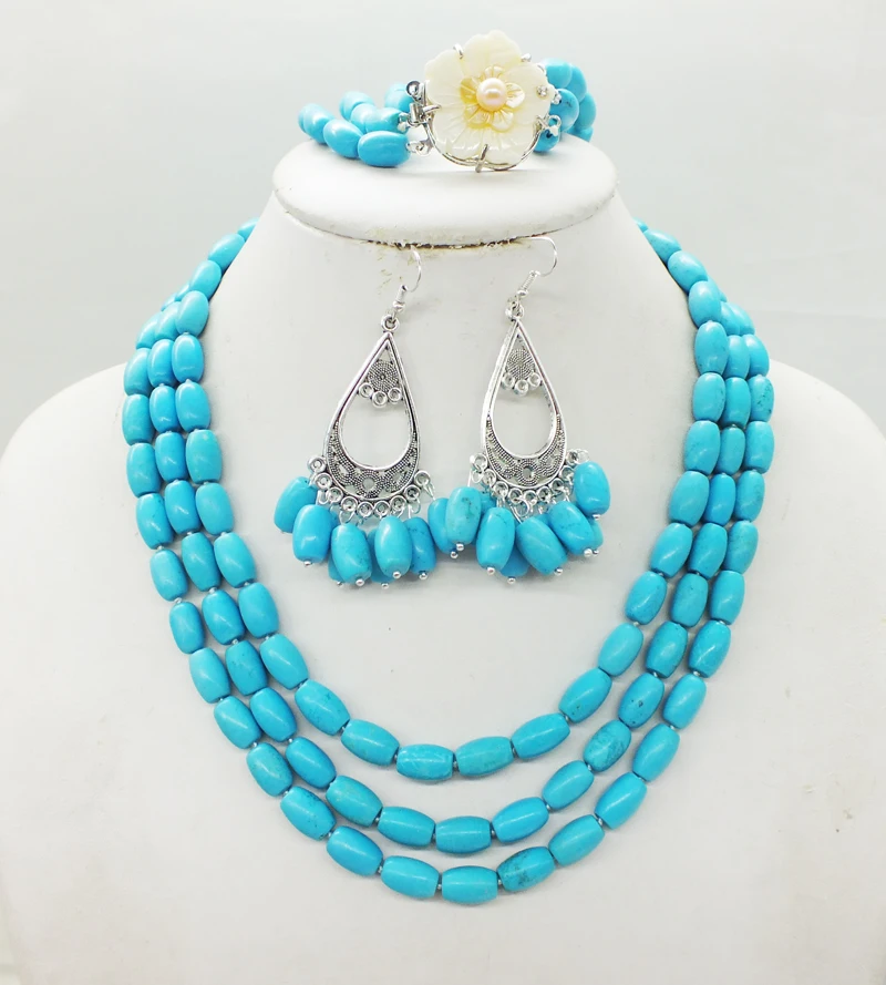 Classic 3 layers of Turkey Semi-precious stones necklace, bracelet, earrings, African bride. Jewelry Set