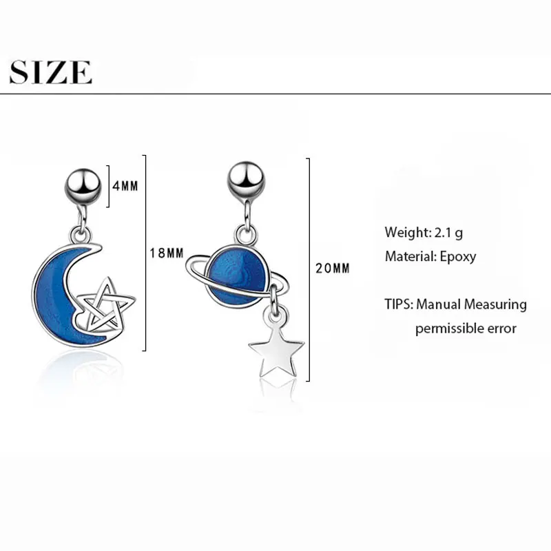 ANENJERY 925 пробы серебряные серьги синяя Вселенная планета Луна Звезда Серьги гвоздики для женщин подарок S-E899