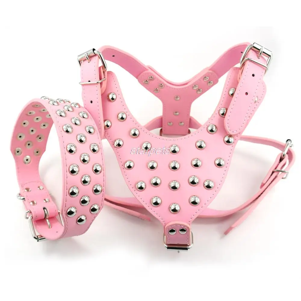 2 Colours Studded Leather Dog Harness and Collar Set Chest size for 26