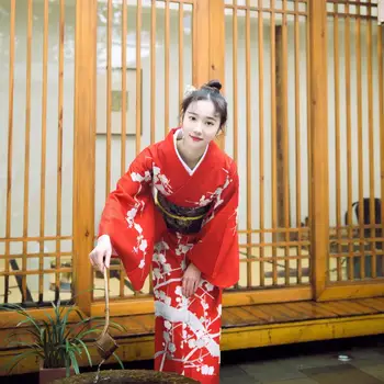 

Novelty Japanese Kimono Red Printed Lady Yukata With Obi Casual Robe Gown Cosplay Clothing Elegant Formal Evening Dress S M