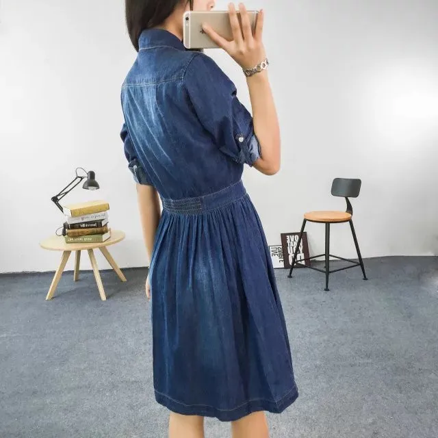 Three Quarter Sleeve One-piece Denim Dress