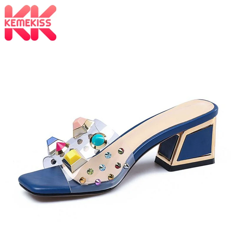 

KemeKiss Summer Sandals Women Colorful Rivets Transparent Pvc Beach Shoes Women Casual Square High Heel Footwear Size 34-43