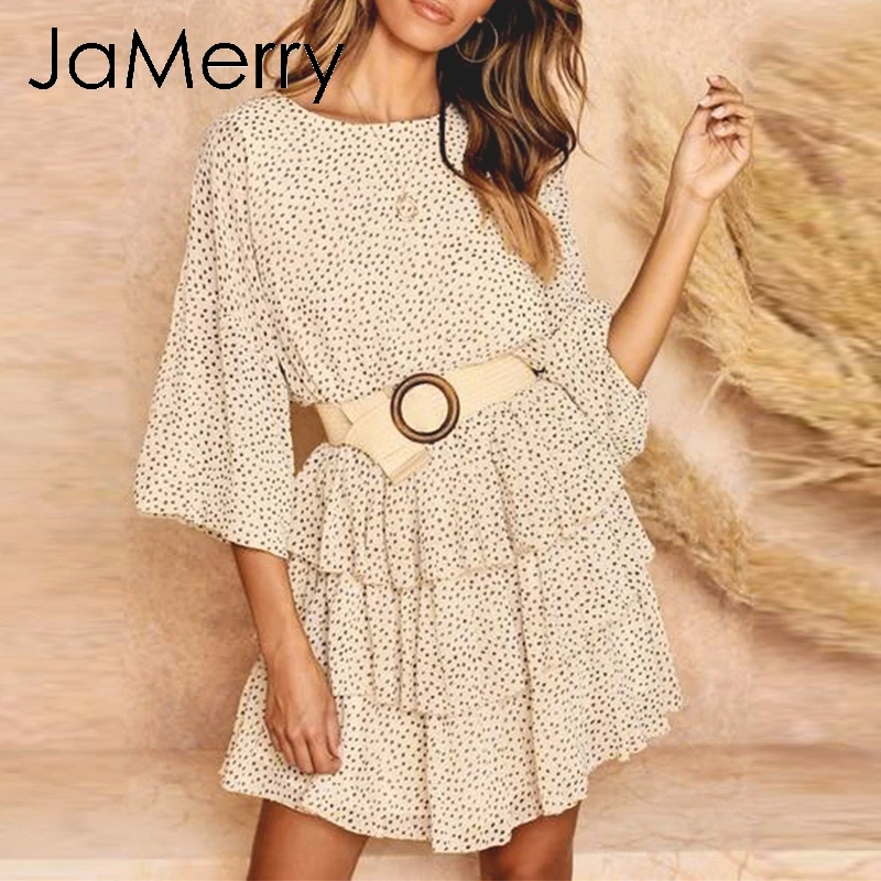 

JaMerry Vintage polka dot print chiffon long sleeve women dress Ruffled elastic high waist female dress casual Party club dress