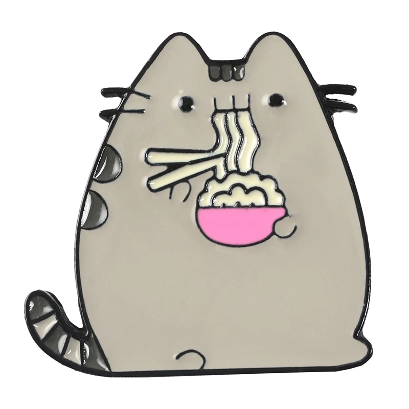images Gato Gris Gordo Dibujo broches de esmalte de gato gris gordo con dibujos animados broches para comer toda clase de fideos broches de tela vaquera bolsa para ropa