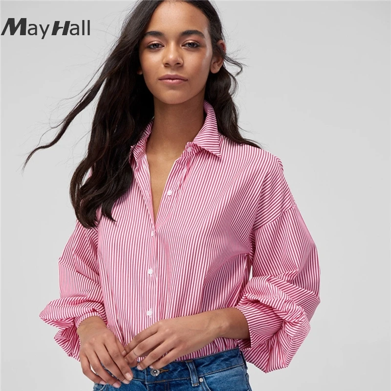 

MayHall Autumn Lantern Sleeve Shirt for Women Casual Striped Patchwork Blouse Loose Blusas Turn-down Collar mujer de moda MH320