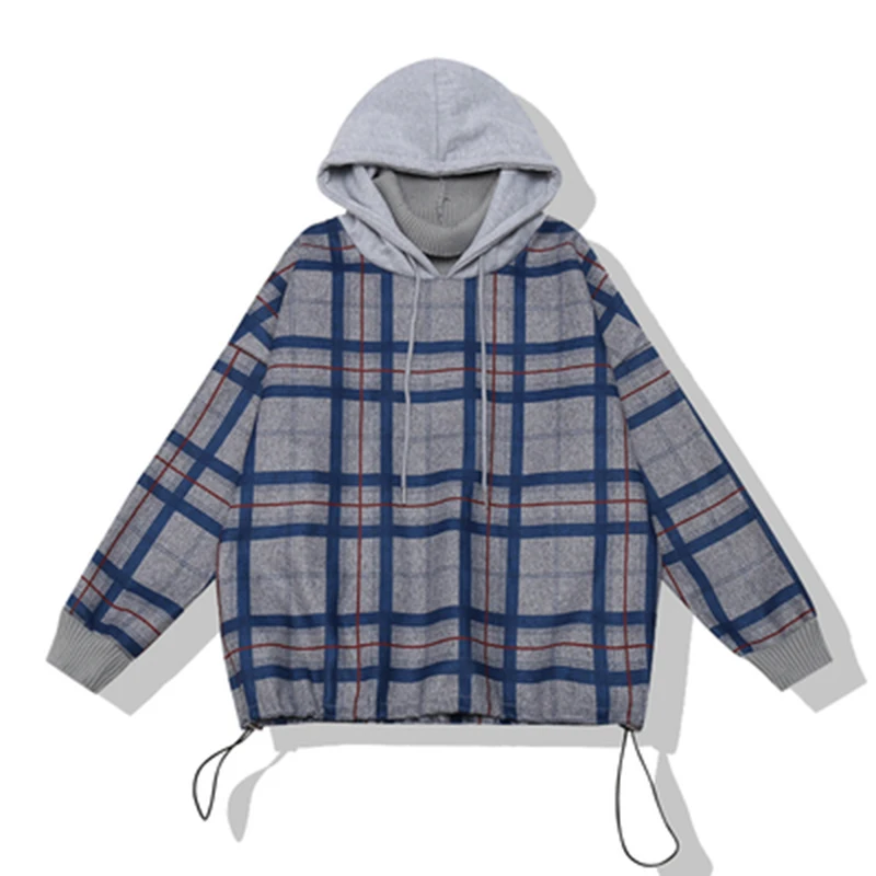 

PERHAPS U blue khaki plaid turtle neck drawstring hoodies pullovers casual loose winter new H0045