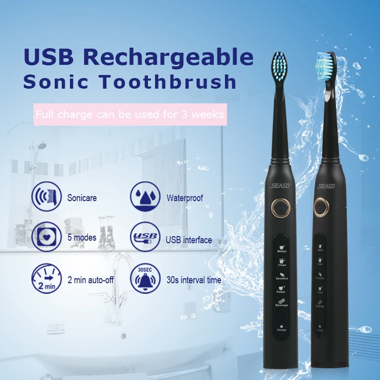 Звуковая электрическая зубная щетка с подзарядкой от USB 40000 ударов/мин 5 режимов Светодиодный индикатор 30 с напоминание 2 мин таймер водонепроницаемый