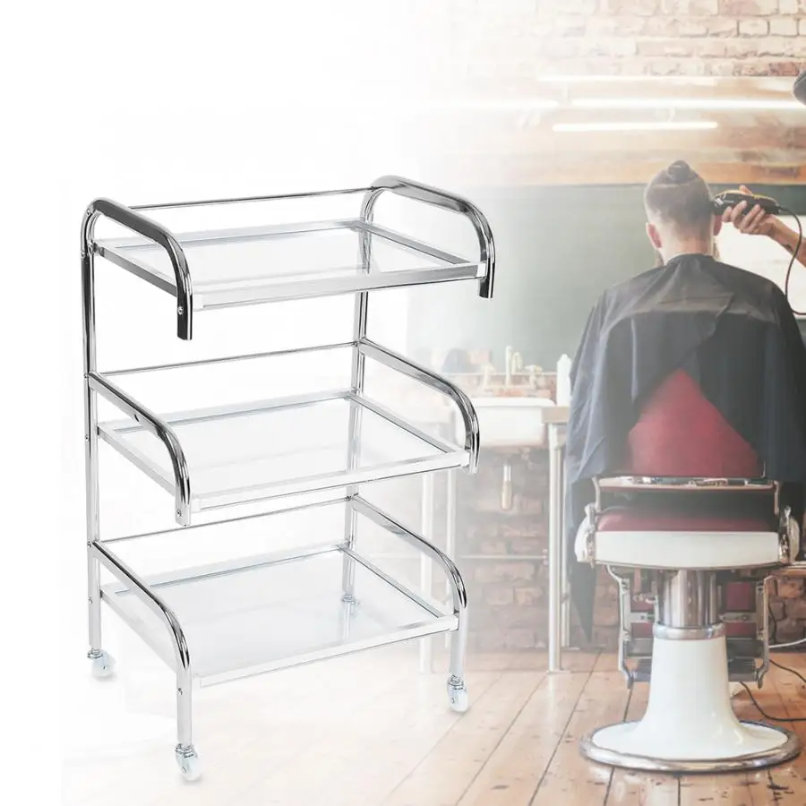 

Professional Electroplated Tempered Glass Rolling Wheel Storage Rack Beauty Trolley Cart Storage Trolley Styling Accessories