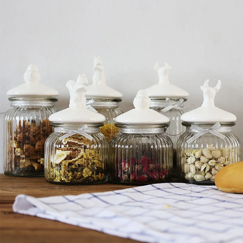 

Nordic Glass Storage Jar Ceramic Cover Spices Sugar Coffee Container Box Grains Nuts Tank Can Kitchen Storage Organizer Tools