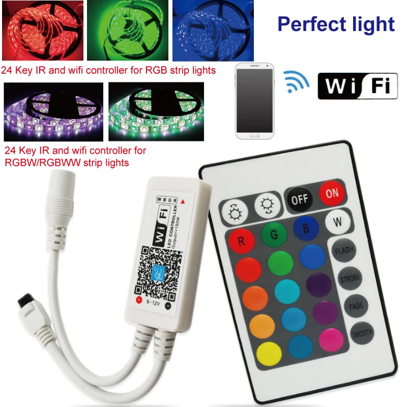 

DC9-12V RGB RGBW Wifi LED Controller android /IOS+24Key IR Remote control for SMD 5050 3528 LED Strip Light Via Smartphone