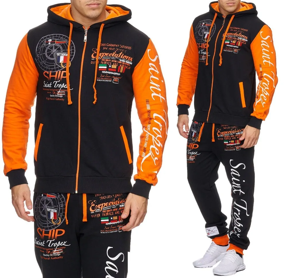 Zogaa Men Hooded Tracksuit Boys Casual Printed Jogger 2 Pieces of Sets Male Long Sleeve Zipper Hooded Sweatsuit 2019 Hot Sale
