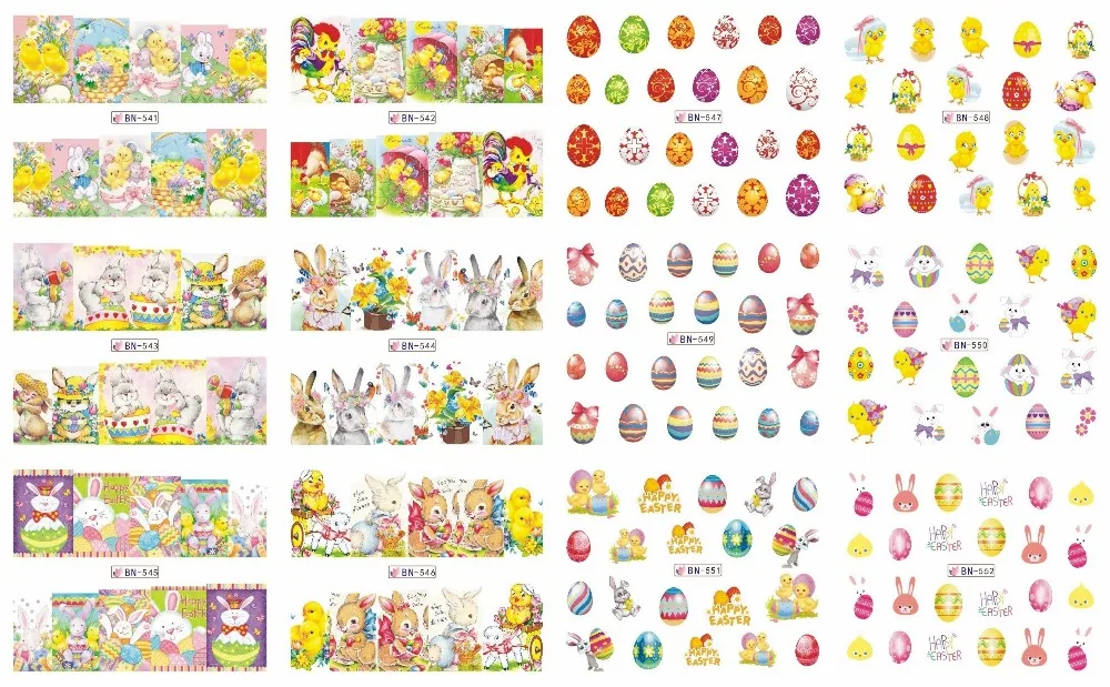 

UPRETTEGO 12 PACKS / LOT NAIL ART BEAUTY WATER DECAL SLIDER NAIL EASTER COLORFUL EGG RABBIT HARE CHICKEN BN541-552