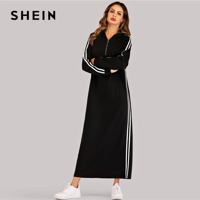 SHEIN черная полосатая лента на молнии Толстовка платье для женщин осень длинный рукав досуг повседневные Прямые длинные платья