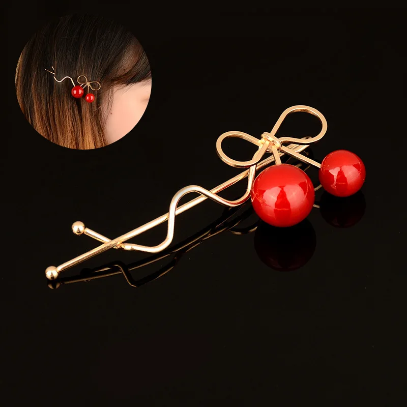 

New Style Korean Hair Clips With Rhinestone Red Cherry Shaped Bowknot Hairpins Headwear Hair Accessories For Women