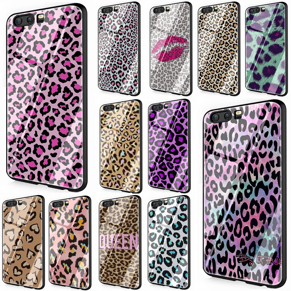 

Fashion Colorful Leopard Print Tempered Glass Cover Case for Huawei P10 P20 P30 Mate 20 Honor 9 10 Lite Pro 7A 8X P Smart