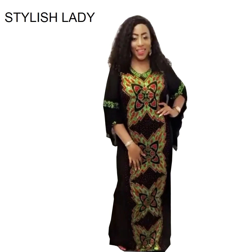

STYLISH LADY Butterfly Diamonds Dashiki African Dress Women 2019 Summer Half Sleeve V Neck Chiffon Ruffle Long Fishtail Dress