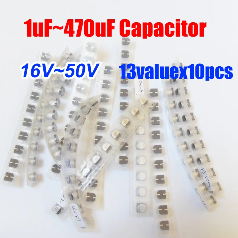 

13valuesx10шт = 130 шт SMD 16В ~ 50В Алюминиевый Электролитический набор различных конденсаторов для компьютерной материнской платы