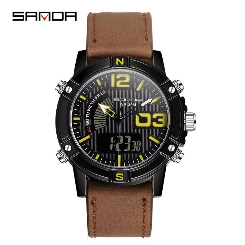 

SANDA Military Sport Watch Men Leather Strap Mens Watches Top Luxury Brand Quartz Watch Waterproof Digital relogio masculino