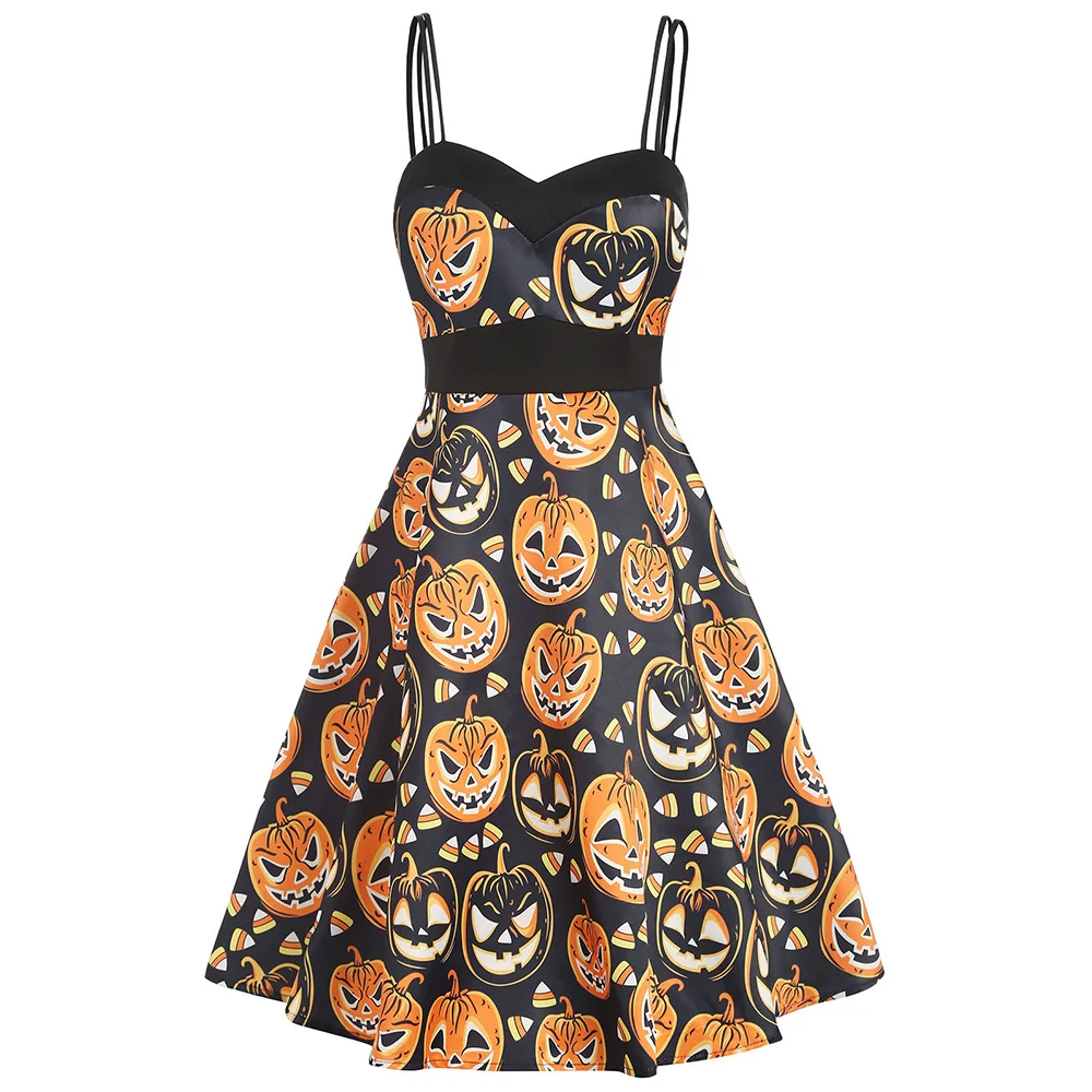 

Wipalo Open Back Cami Straps Halloween Pumpkin Dress Double Straps High Waist Knee Length A Line Vintage Party Dress Vestidos