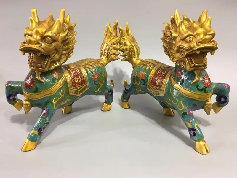 

Marked Chinese Cloisonne Enamel Bronze Gilt Kylin Kirin Chi-Lin Statue Pair Marked Enamel Decoration Cloisonne Kirin Pair Bronze