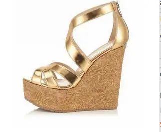 open toe wedges high lace heels back zipper golden/black party weeding women sandals shoes cut-out best quality newest fashion open back plunge cut out romper